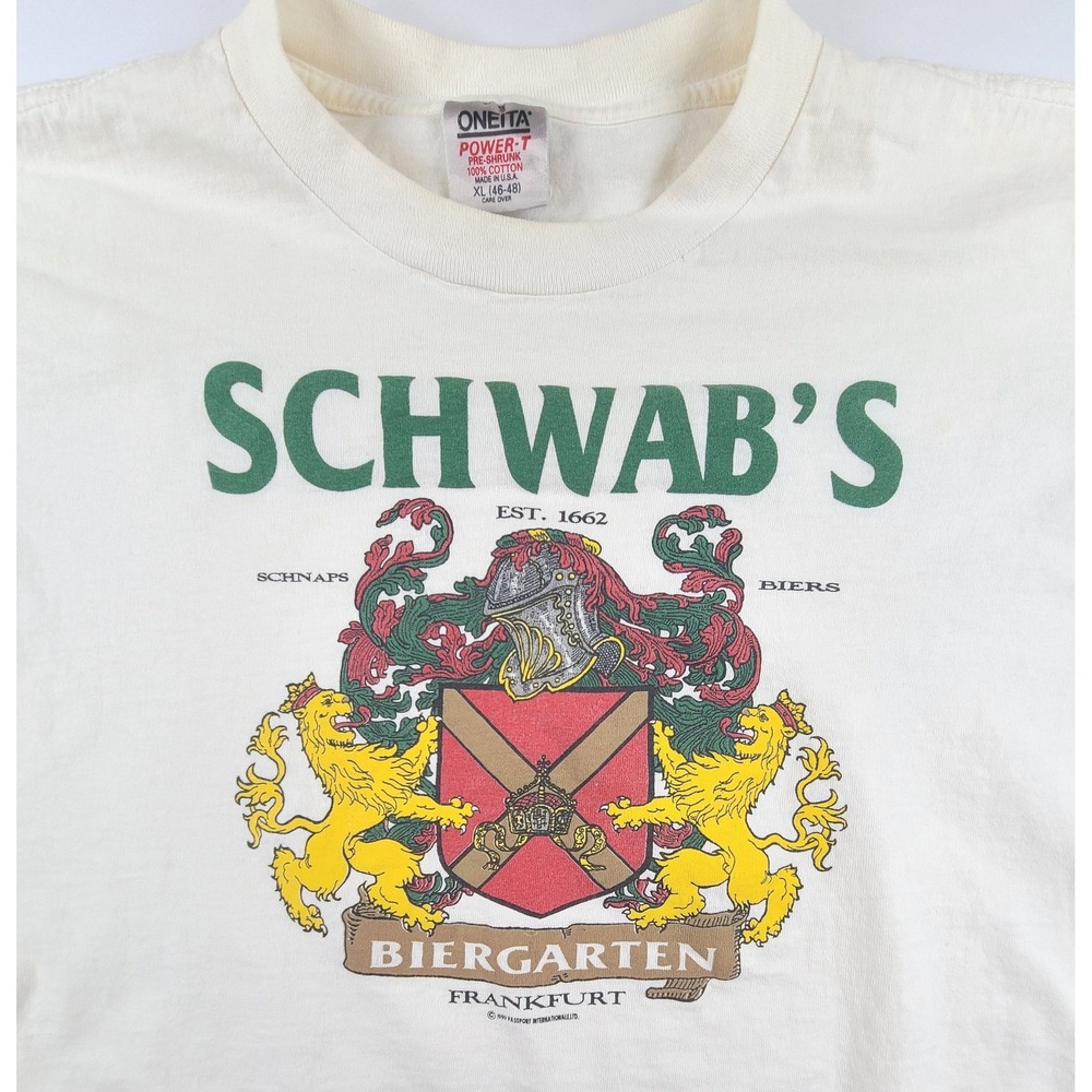 Vintage 1990 Oneita  Schwabs Biergarten Frankfurt Power-T‎ Shirt Mens XL White
